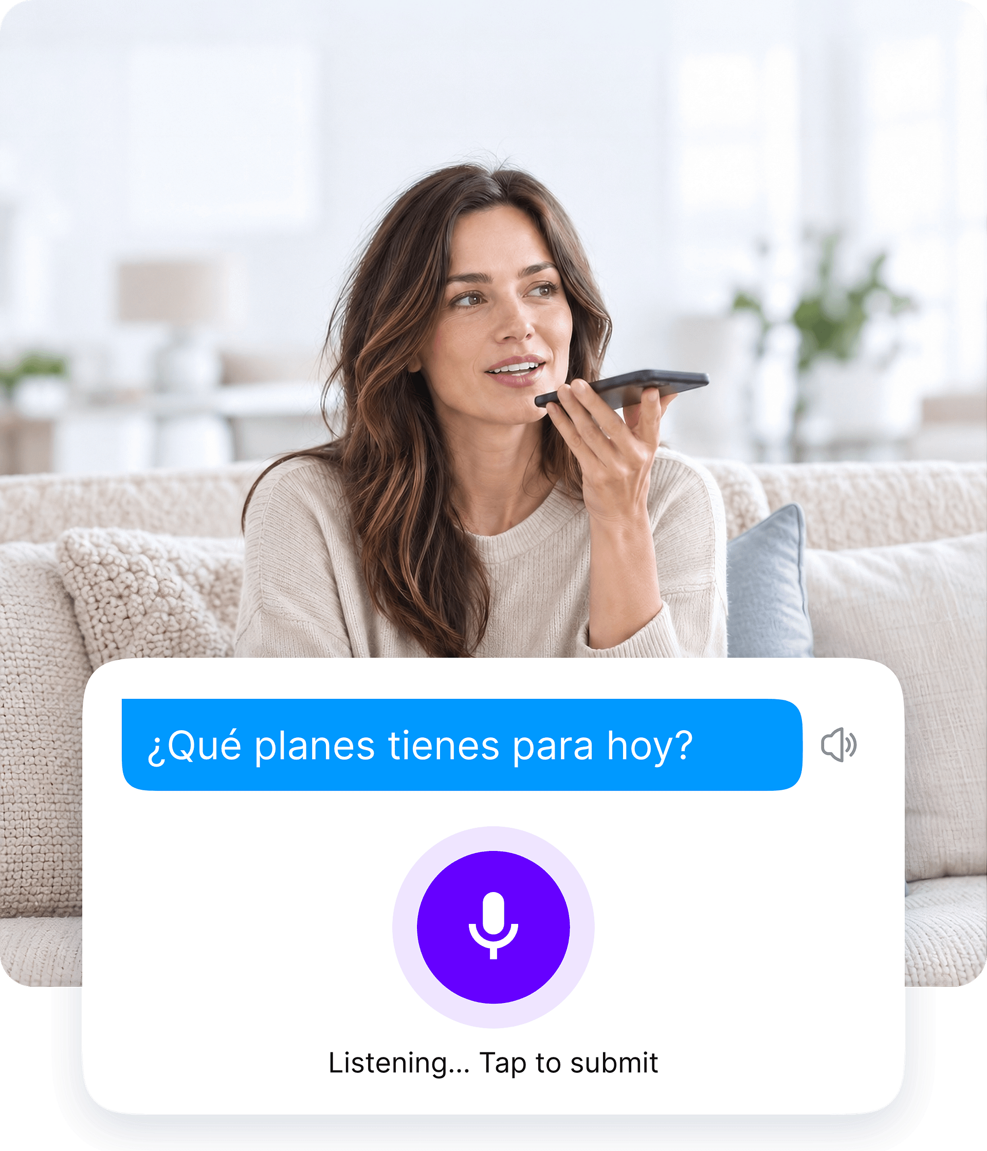 Woman speaking into her phone, with the Bubblz conversation and listening card from App Store screen 01.