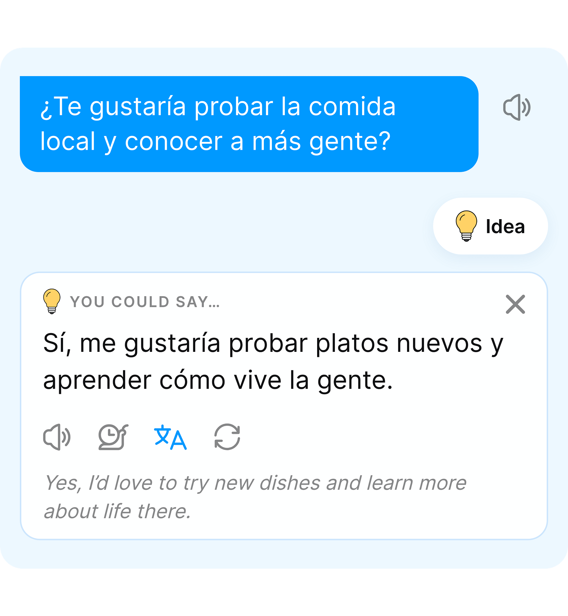 The Idea feature suggests a Spanish reply to help keep the conversation going.