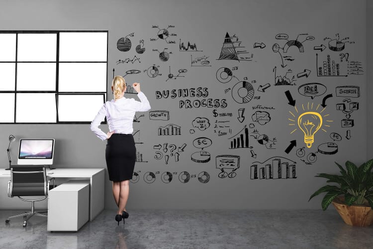 Businesswoman drawing ideas on white board