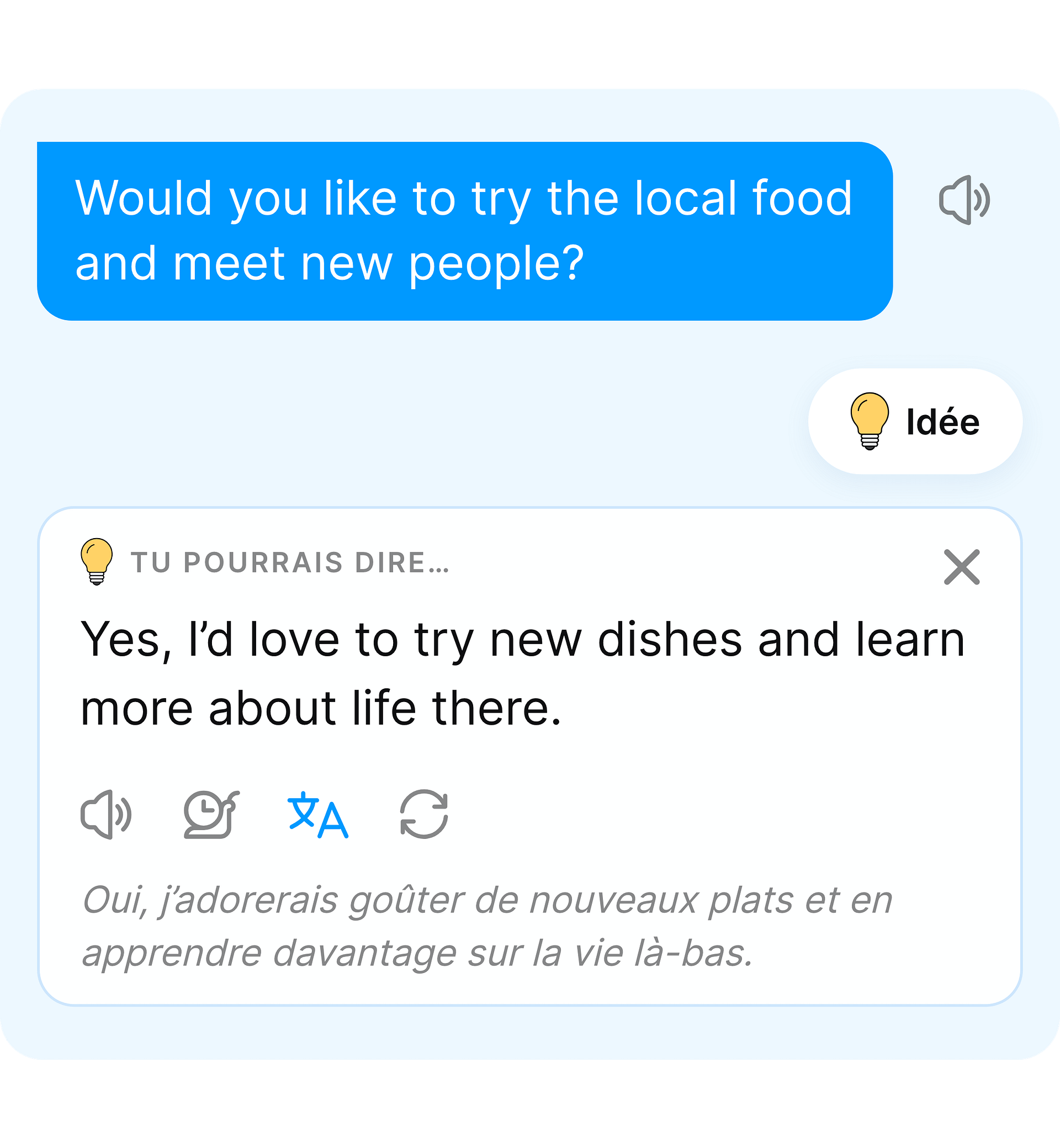La fonction Idée propose une réponse en anglais pour poursuivre la conversation.