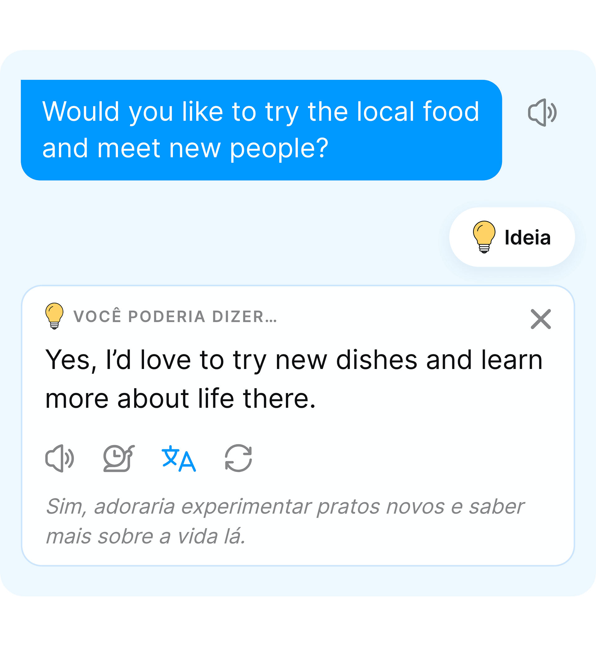 A função Ideia sugere uma resposta em inglês para continuar a conversa.