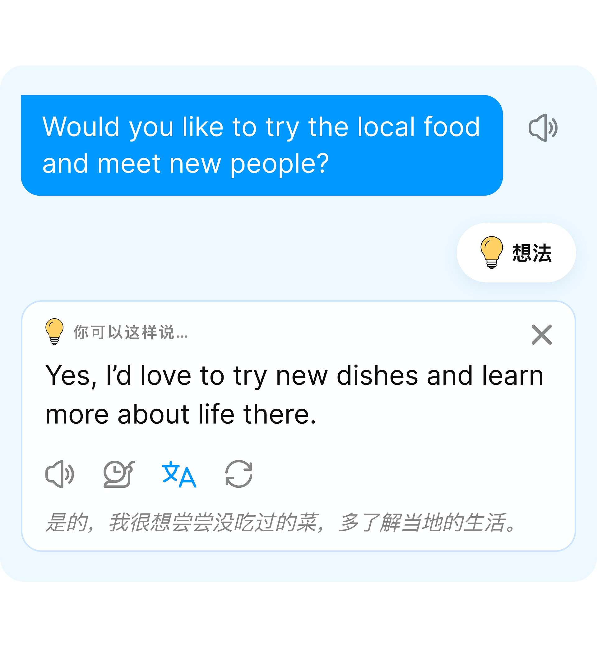 “想法”功能提供英语回复建议,帮助对话继续进行。
