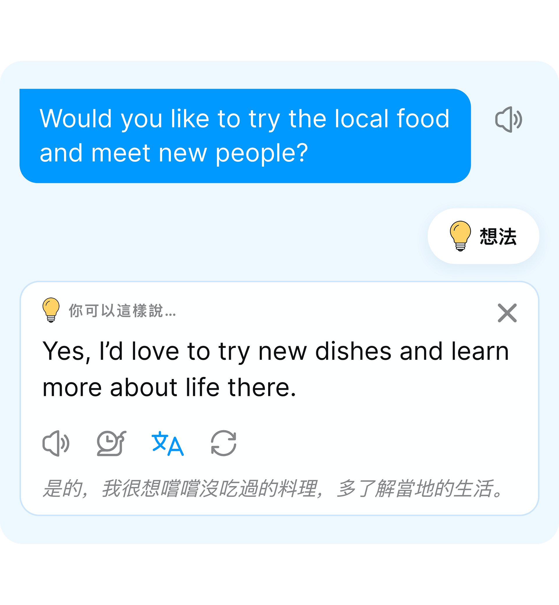 「想法」功能提供英語回覆建議,幫助對話繼續進行。