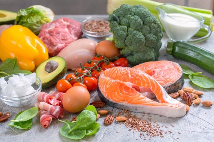 Foods like salmon, eggs, vegetables and nuts are part of a Low Carb High Fat/Ketogenic Diet Plan